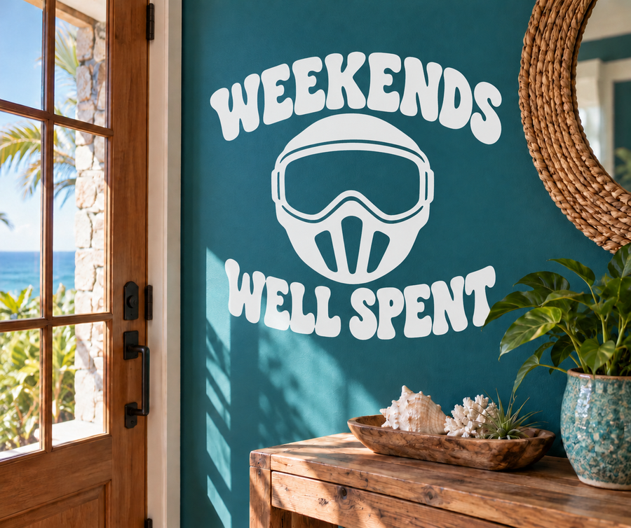 Vinyl decal with white paintball mask icon and 'Weekends Well Spent' lettering