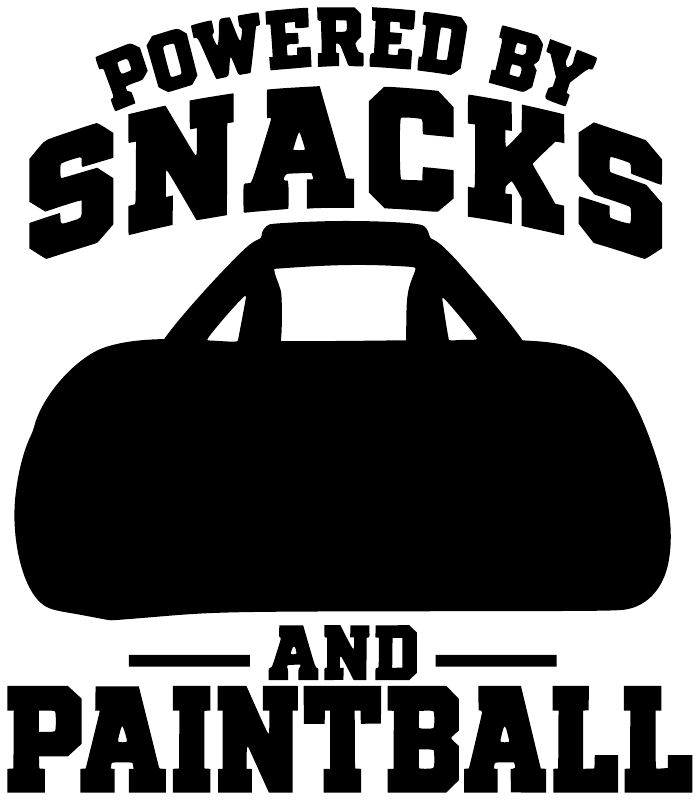 Black-and-white paintball vinyl decal close-up: “POWERED BY SNACKS” and marker silhouette