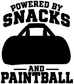Black-and-white paintball vinyl decal close-up: “POWERED BY SNACKS” and marker silhouette