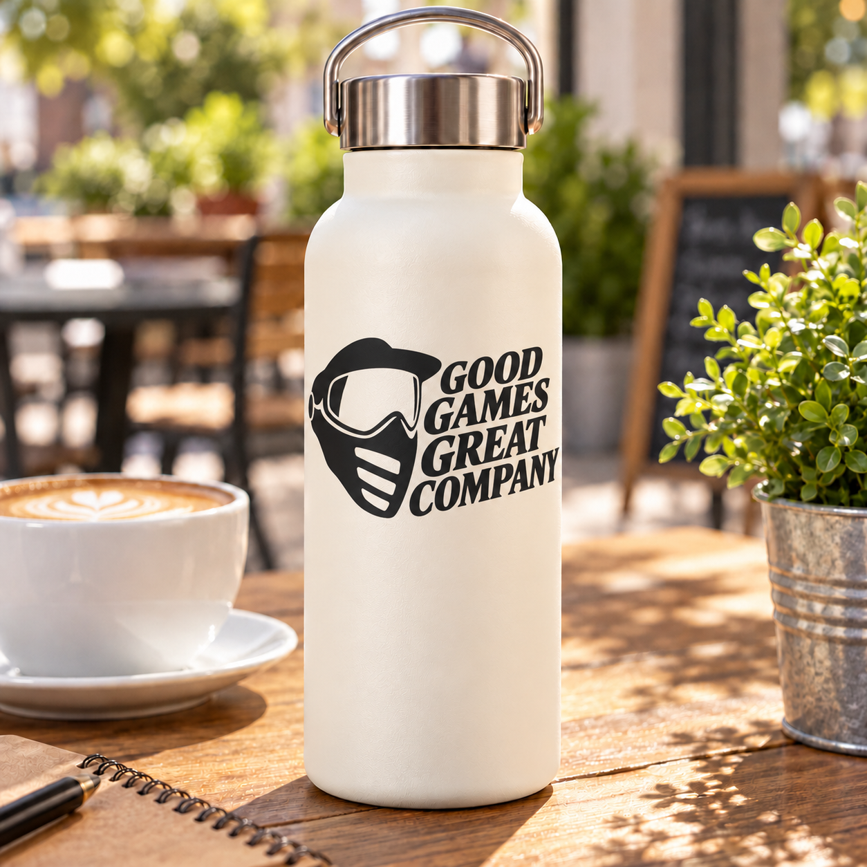 Vinyl decal with Good Games Great Company text and helmet icon on white surface