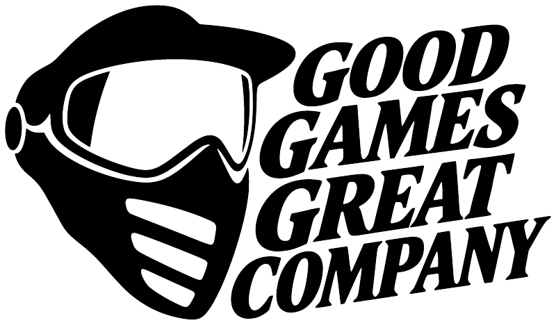Vinyl decal closeup: black helmet icon with Good Games Great Company lettering