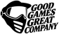 Vinyl decal closeup: black helmet icon with Good Games Great Company lettering