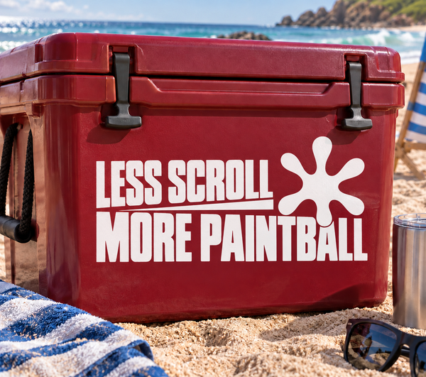 Paintball vinyl decal with 'LESS SCROLL MORE PAINTBALL' text and paintball splat icon