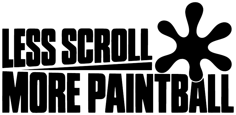 Black paintball vinyl decal with 'LESS SCROLL MORE PAINTBALL' lettering and splat icon