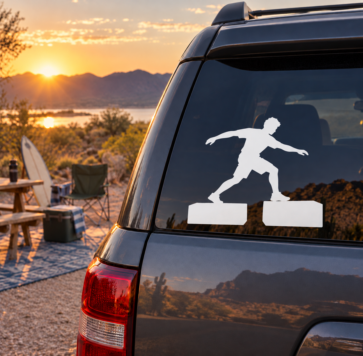 Parkour step vinyl decal on car window, white runner silhouette on two steps