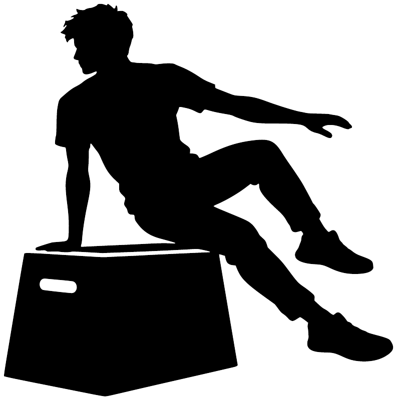 Black vinyl decal silhouette of a parkour runner vaulting beside a box