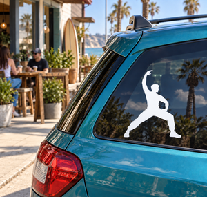 Parkour silhouette vinyl decal on blue car rear window