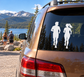Pair of white parkour runner vinyl decals on car window, full-body silhouettes