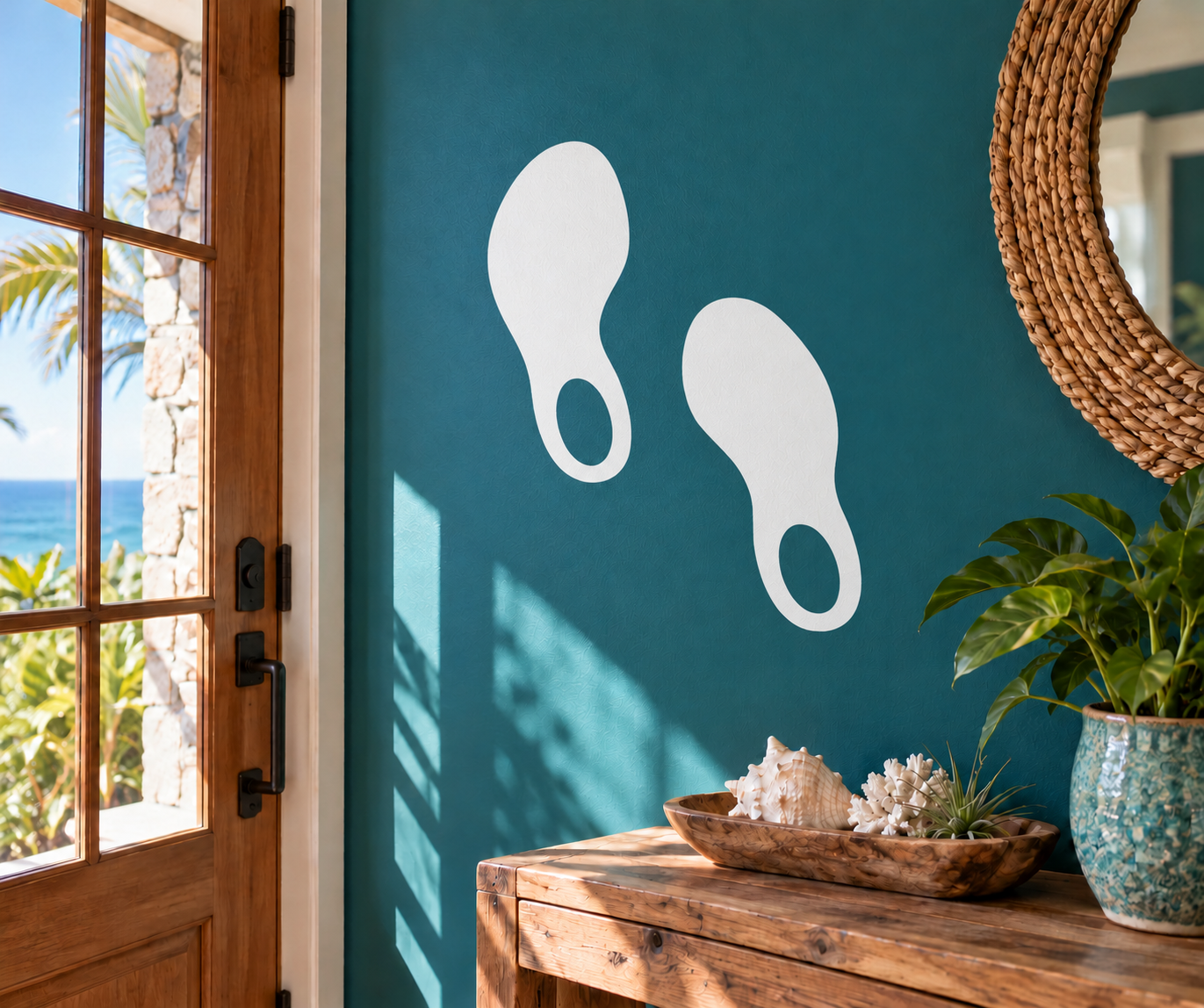 Pair of white vinyl footprint decals with oval cutouts