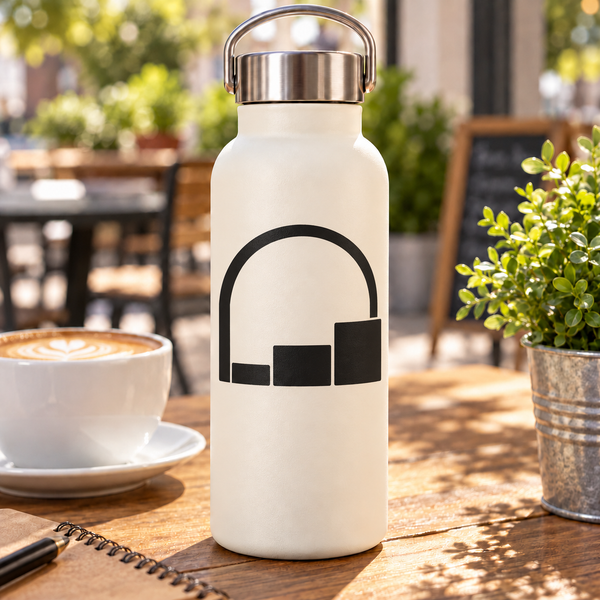 White bottle with black arch and step block vinyl decal design