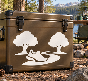White vinyl decal with two trees and parkour runner silhouette