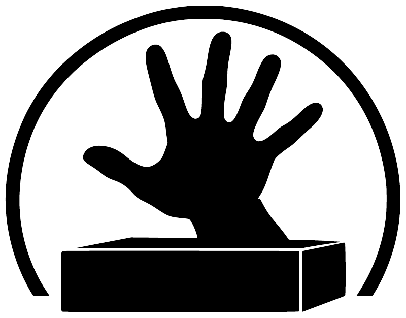Hand on block vinyl decal with white circle border, black graphics