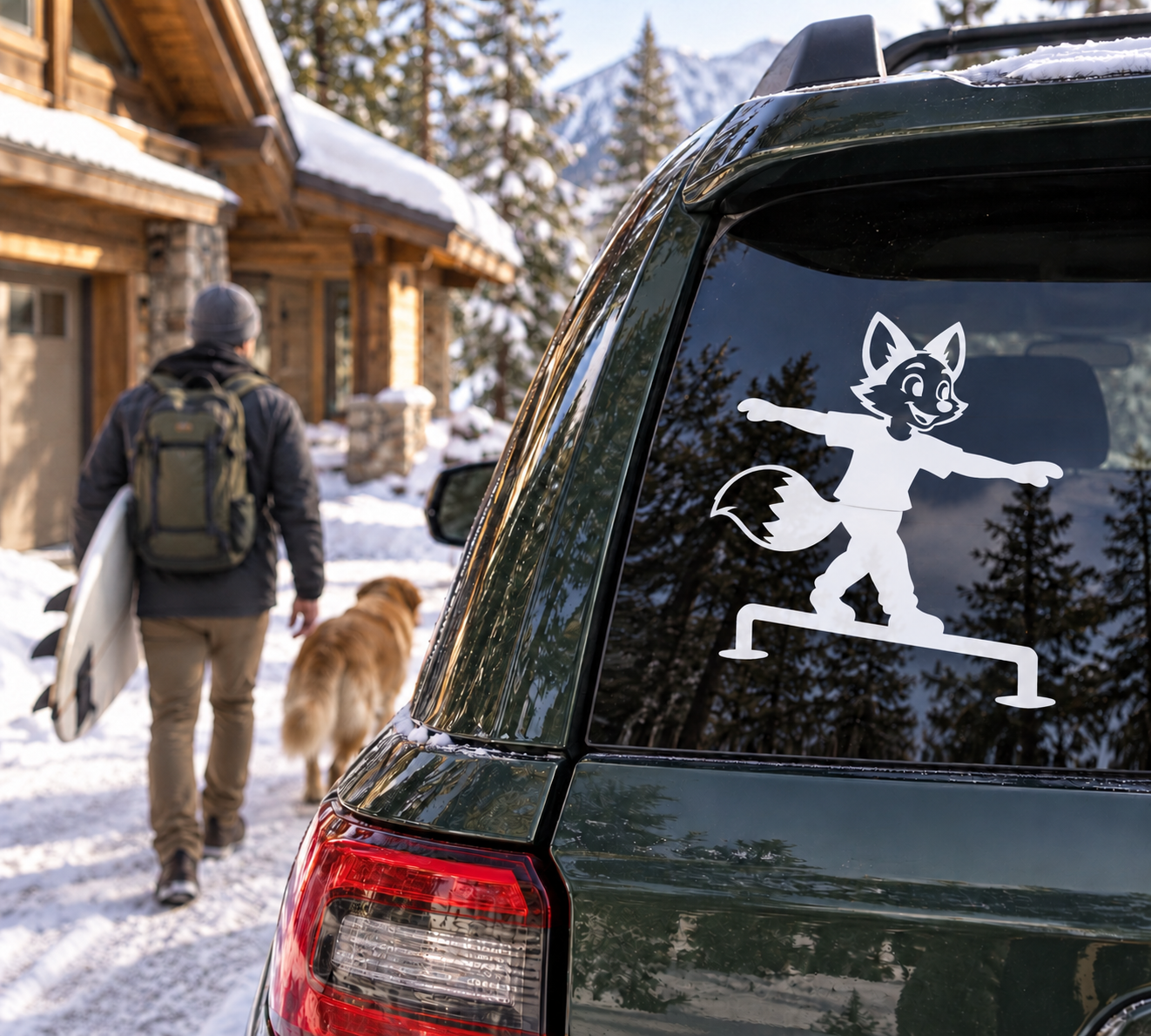 Parkour fox vinyl rail decal on car window, white silhouette on dark glass