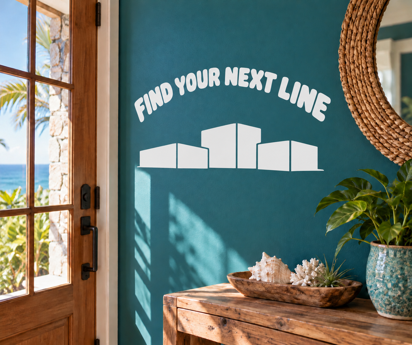 Vinyl wall decal reading "FIND YOUR NEXT LINE" with block cityscape icons