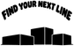 Black vinyl wall decal with "FIND YOUR NEXT LINE" text and block skyline icons