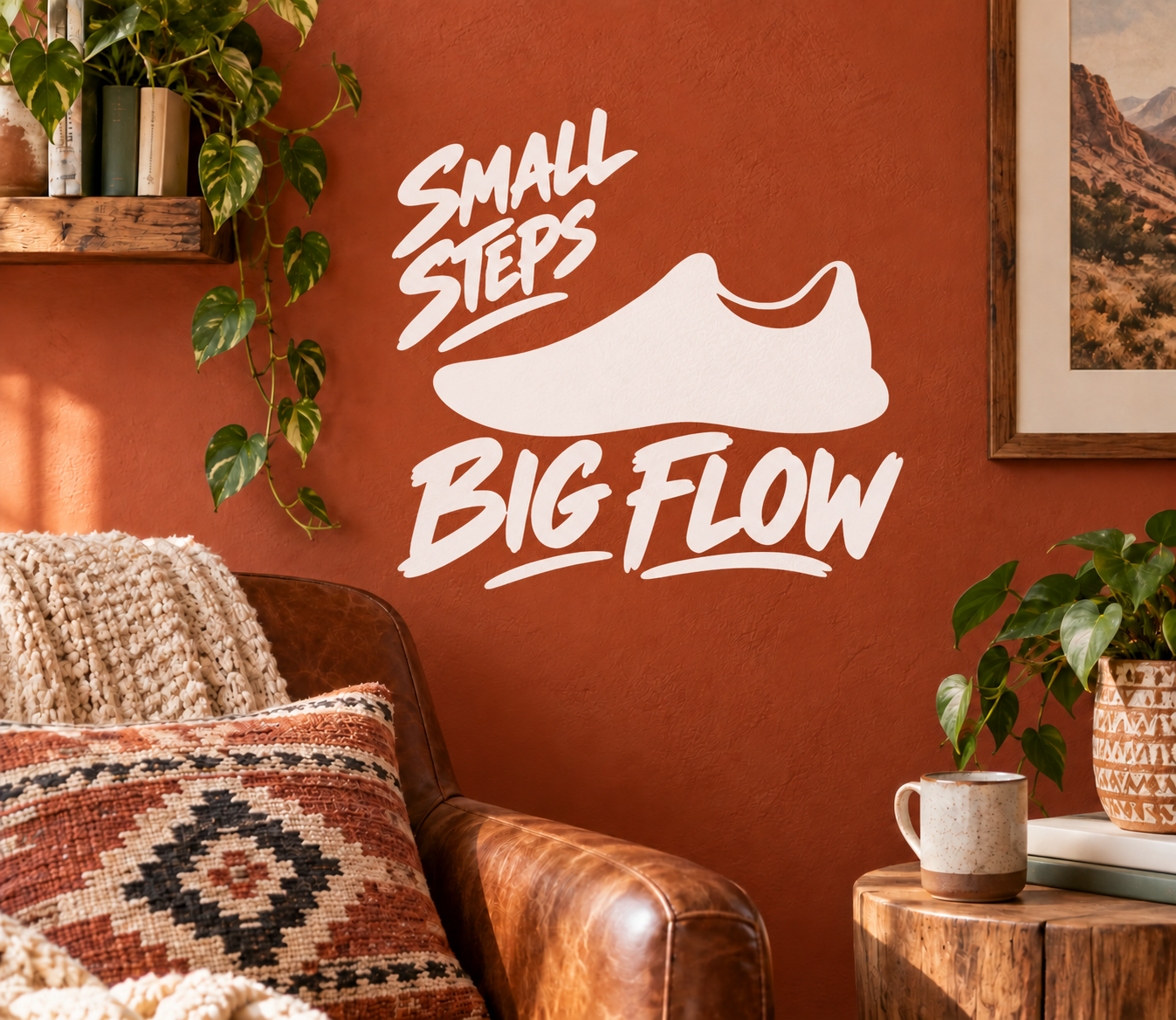 White vinyl decal: "SMALL STEPS" text, shoe silhouette, and "BIG FLOW" lettering