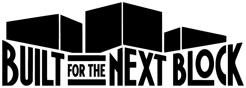 Close-up black vinyl decal: building blocks icon and 'BUILT FOR THE NEXT BLOCK'