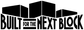 Close-up black vinyl decal: building blocks icon and 'BUILT FOR THE NEXT BLOCK'