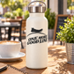 Vinyl decal on a white water bottle: black shoe graphic with “ONE MORE GOOD LINE”