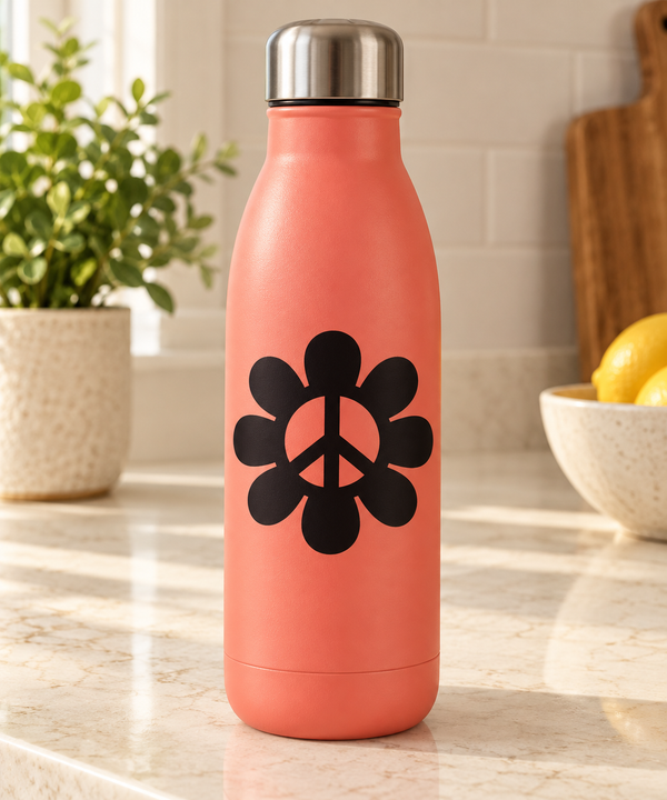 Vinyl peace symbol flower decal on coral bottle