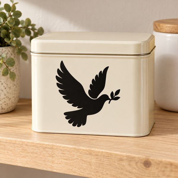 Dove of peace vinyl decal with black dove holding olive branch, centered on light surface