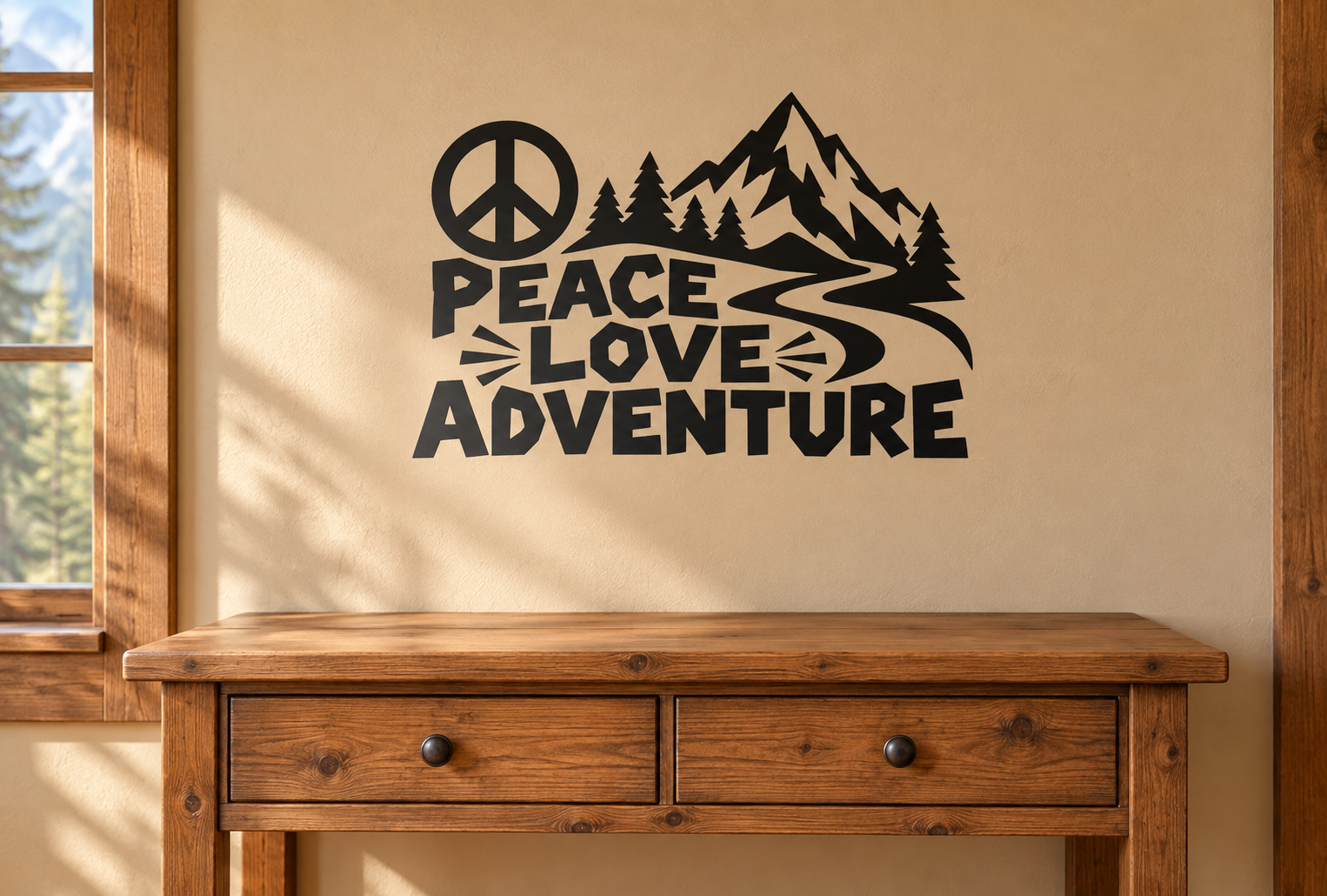 Peace Love Adventure vinyl decal with peace sign, mountains, pine trees, and bold text