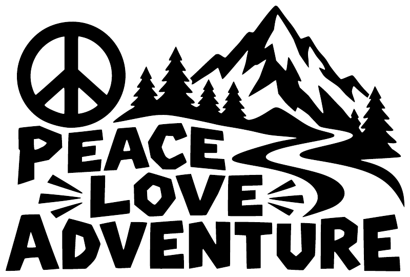 Peace Love Adventure vinyl decal closeup with peace sign, mountains, pine trees, black text