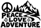 Peace Love Adventure vinyl decal closeup with peace sign, mountains, pine trees, black text