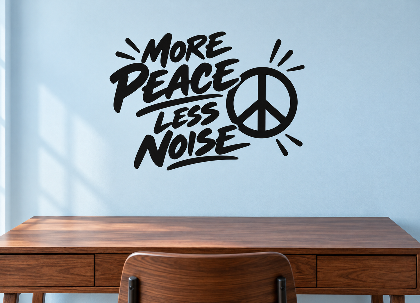 Vinyl wall decal with “More Peace Less Noise” text and peace sign, black design