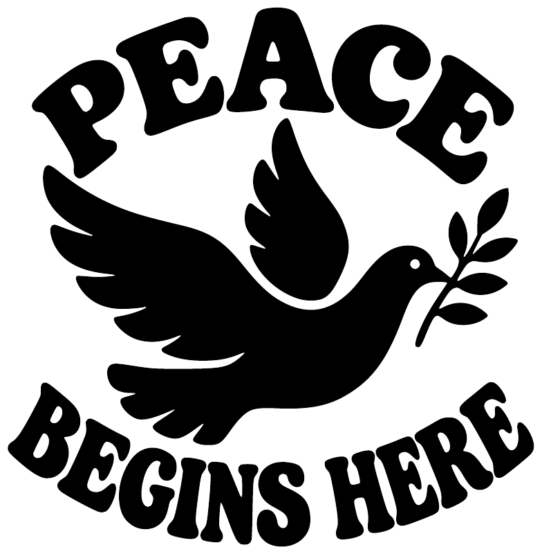 Black “PEACE BEGINS HERE” vinyl decal with dove and olive branch, bold lettering