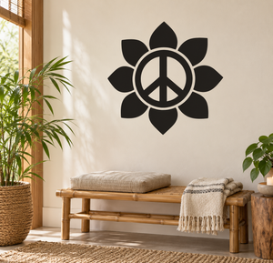 Black flower peace symbol vinyl decal with circular peace sign and white outline