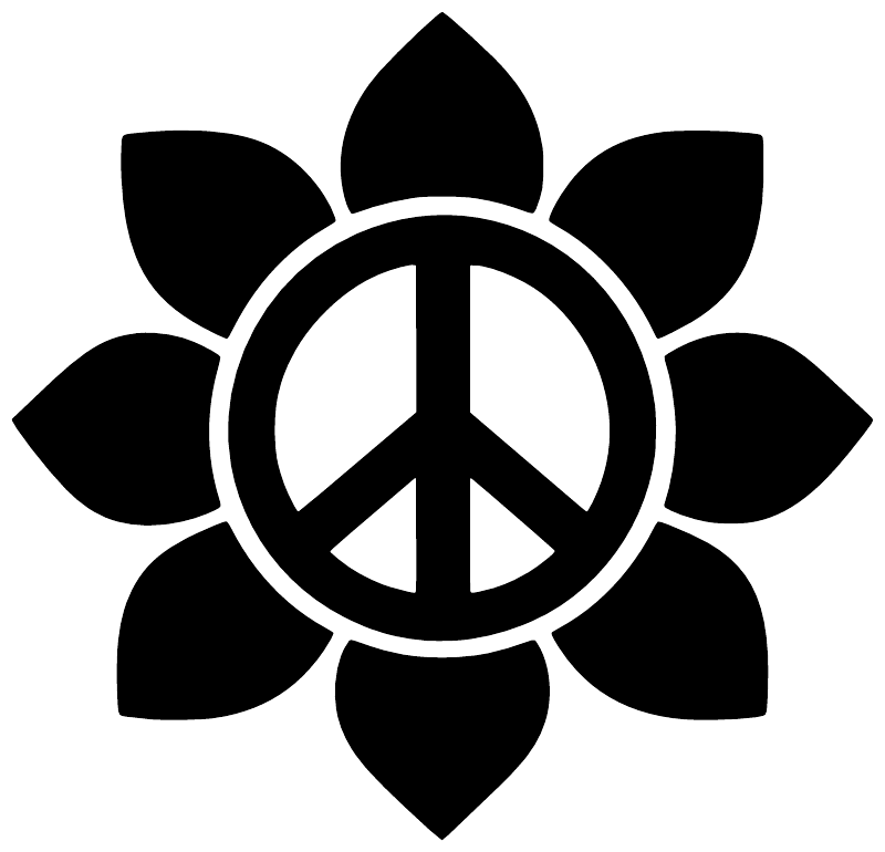 Close-up black flower peace symbol vinyl decal with white circular outline