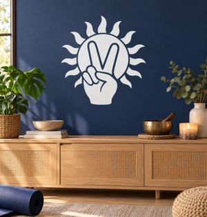 White peace hand and sun vinyl decal, circular M icon with raised peace fingers