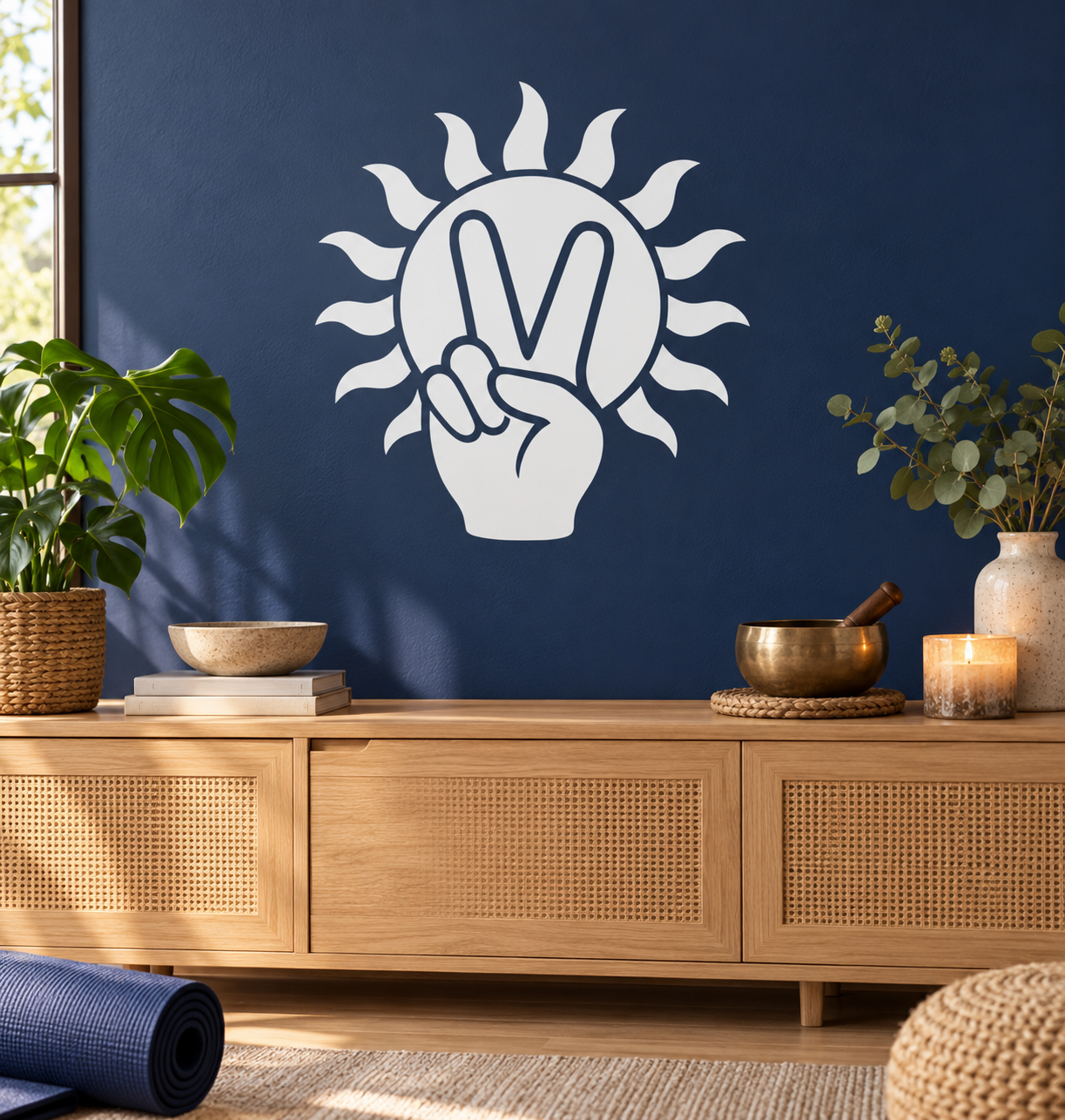 White peace hand and sun vinyl decal, circular M icon with raised peace fingers