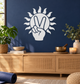 White peace hand and sun vinyl decal, circular M icon with raised peace fingers