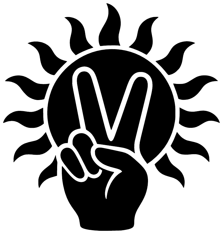 Black peace hand and sun vinyl decal, circular M icon with raised peace fingers