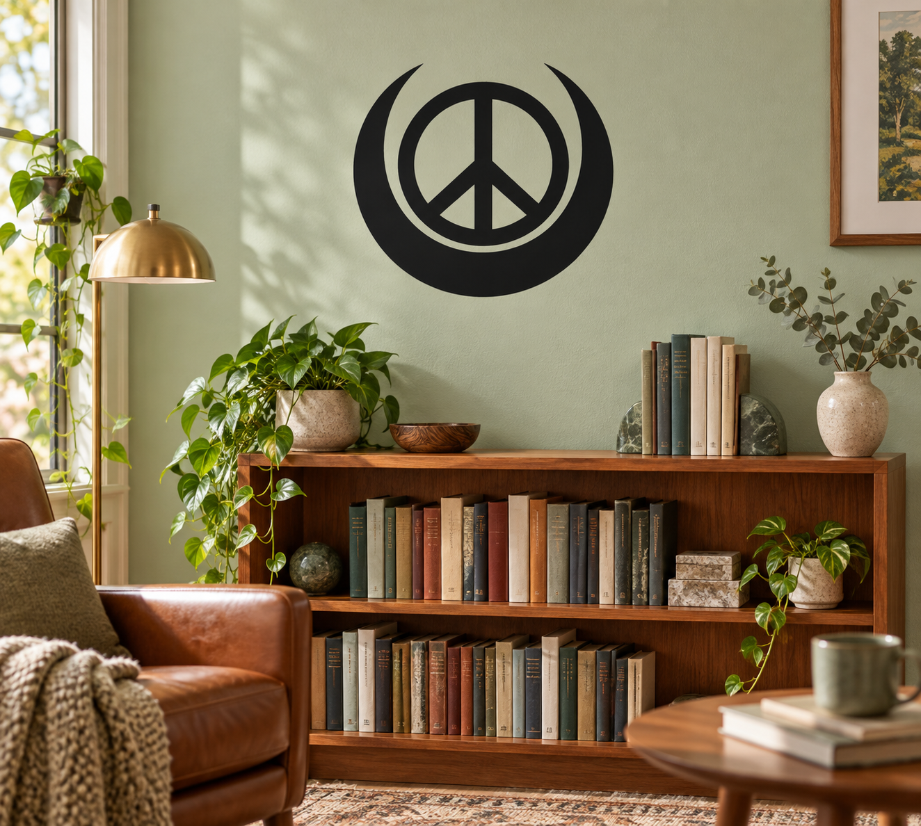 Black peace symbol crescent vinyl wall decal