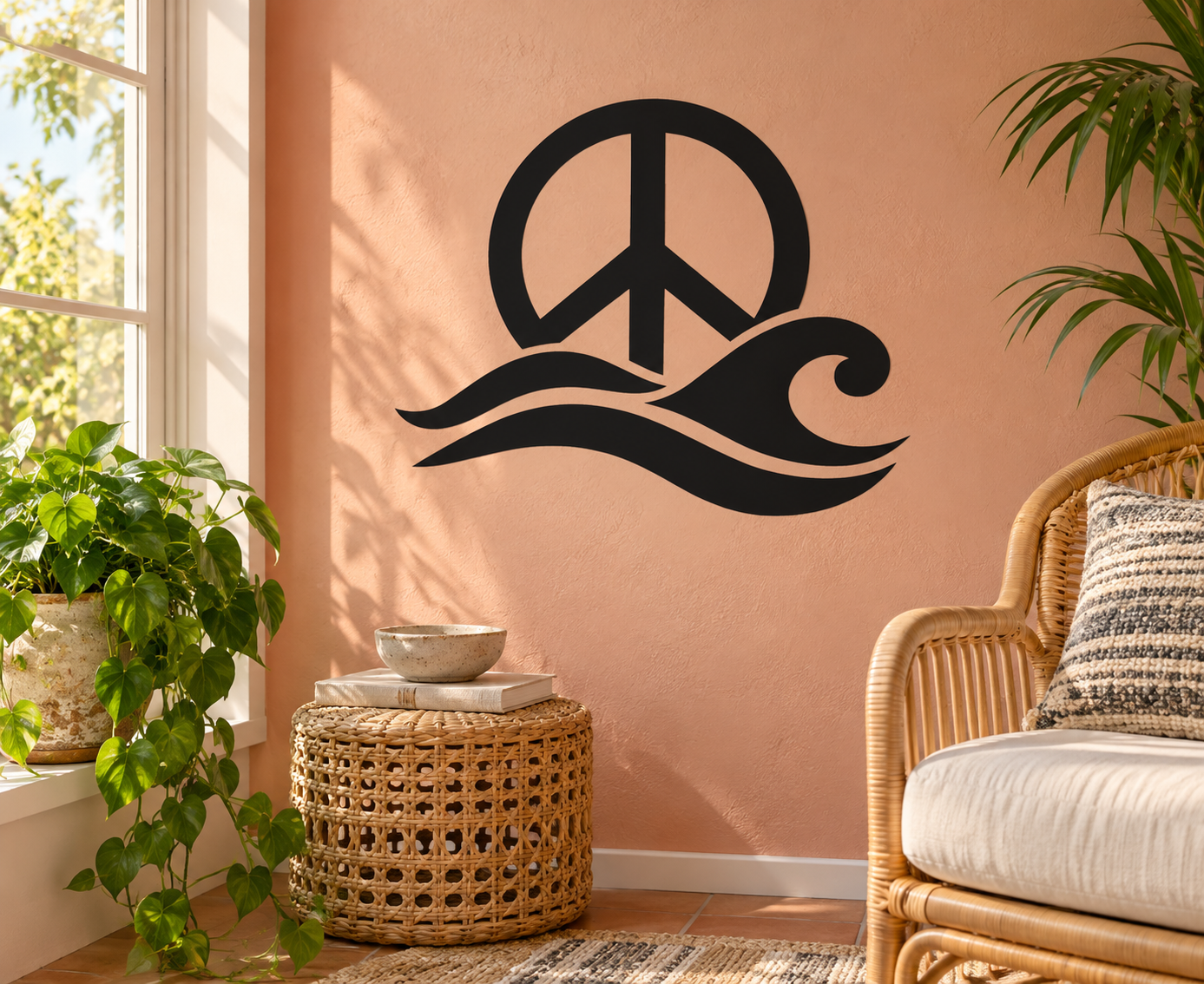 Peace symbol and waves vinyl decal, black peace sign with wavy lines
