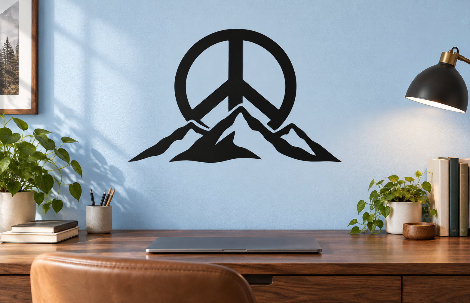 Peace symbol vinyl decal with mountain ridge design, black and white