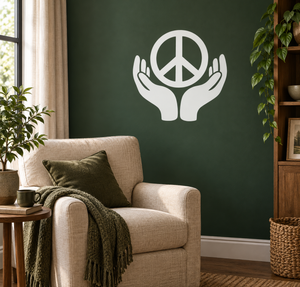 Peace symbol vinyl decal with peace sign in open hands, white design