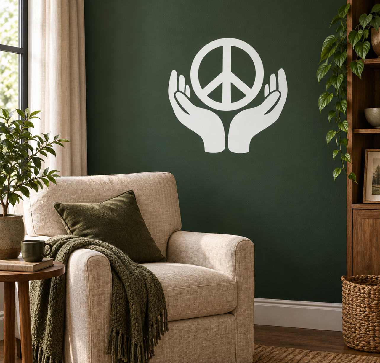 Peace symbol vinyl decal with peace sign in open hands, white design