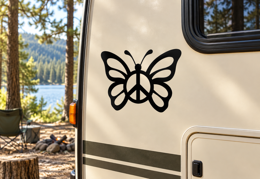 Black butterfly vinyl decal with peace symbol in the center on a camper