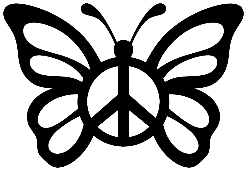 Black butterfly vinyl decal with peace symbol center, close-up on white background