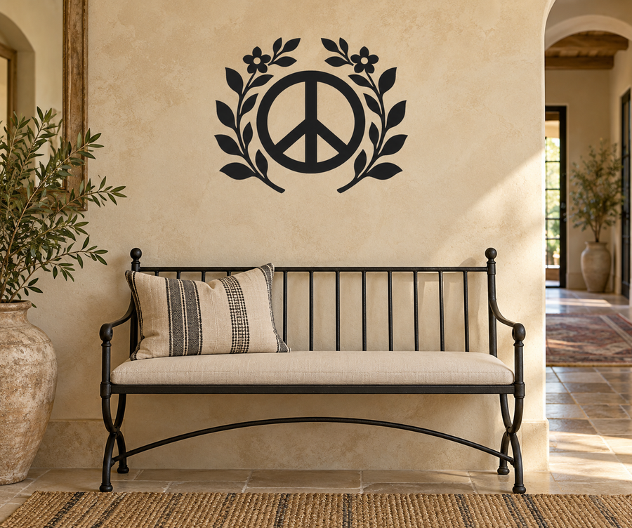 Peace symbol vinyl decal: black peace sign in circular botanical wreath