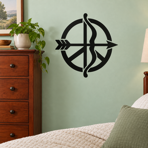Archery bow peace symbol vinyl decal in black, archer’s bow and arrow icon