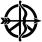 Black archery bow peace symbol vinyl decal, circular emblem with arrow and bow