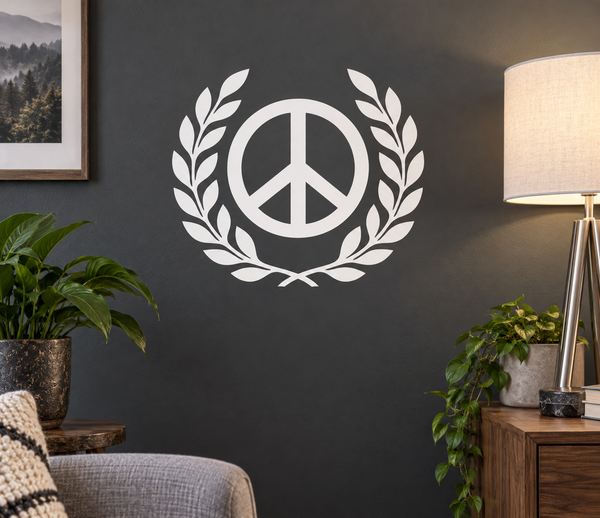 White peace symbol with open laurel vinyl decal