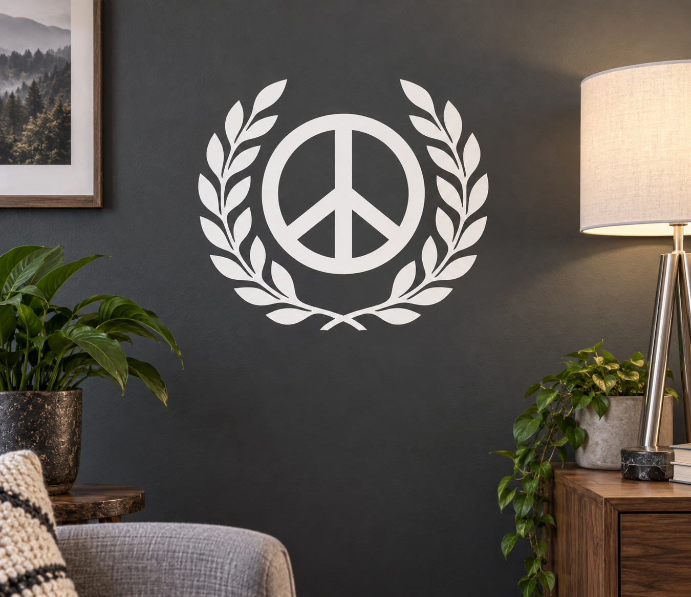 White peace symbol with open laurel vinyl decal