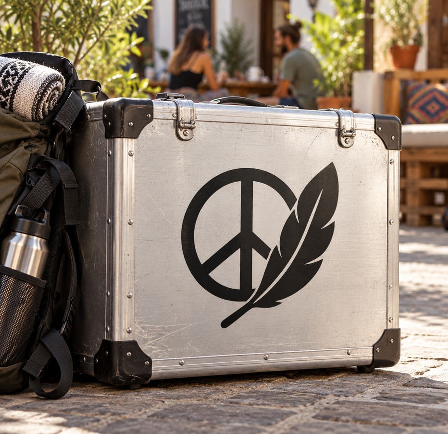 Vinyl peace-and-feather decal with black peace sign and feather