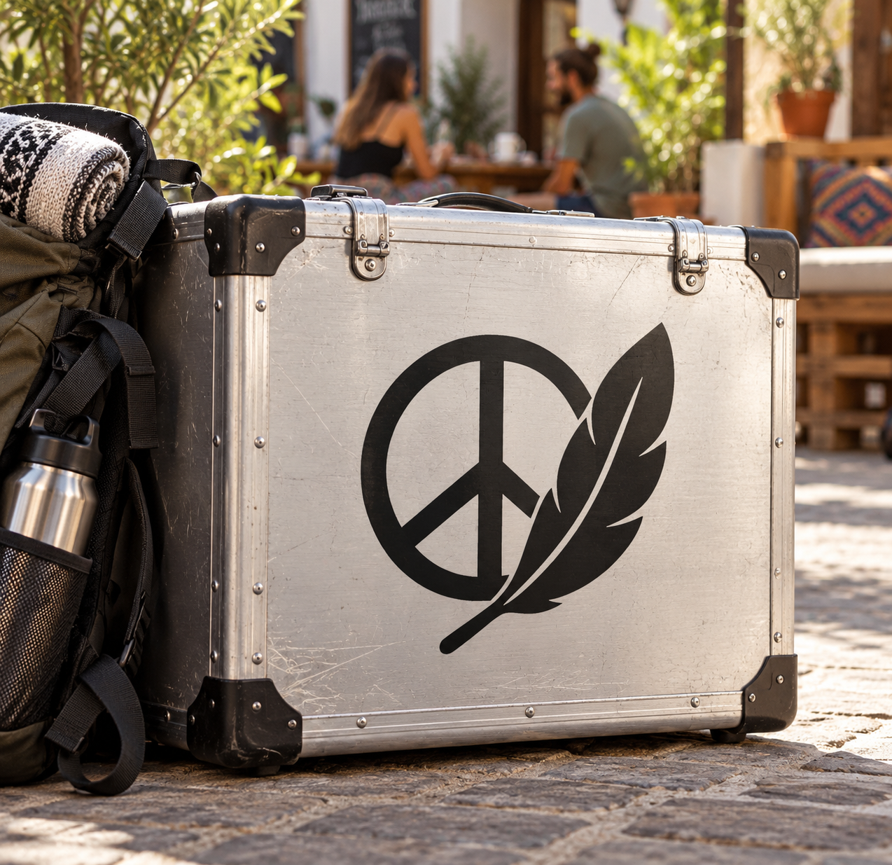 Vinyl peace-and-feather decal with black peace sign and feather